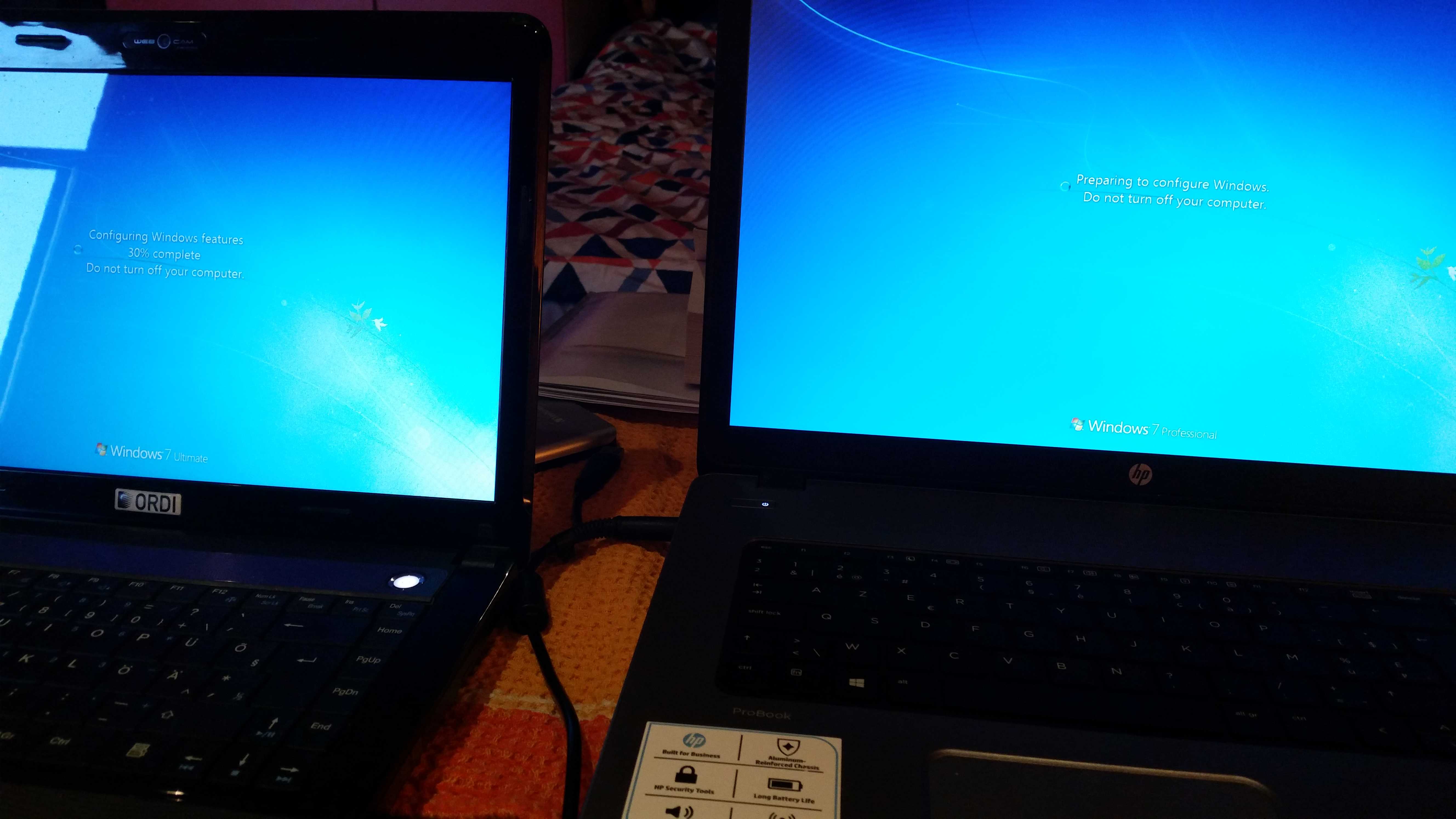 Dual-core Sandy i5 with SSD (left) vs. Quad-core Haswell i7 with spinning metal (right)  Left won by ten minutes and two less reboots.